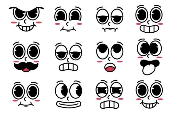 Download Set of Kawaii Cartoon Faces Retro Style - Faces Collection